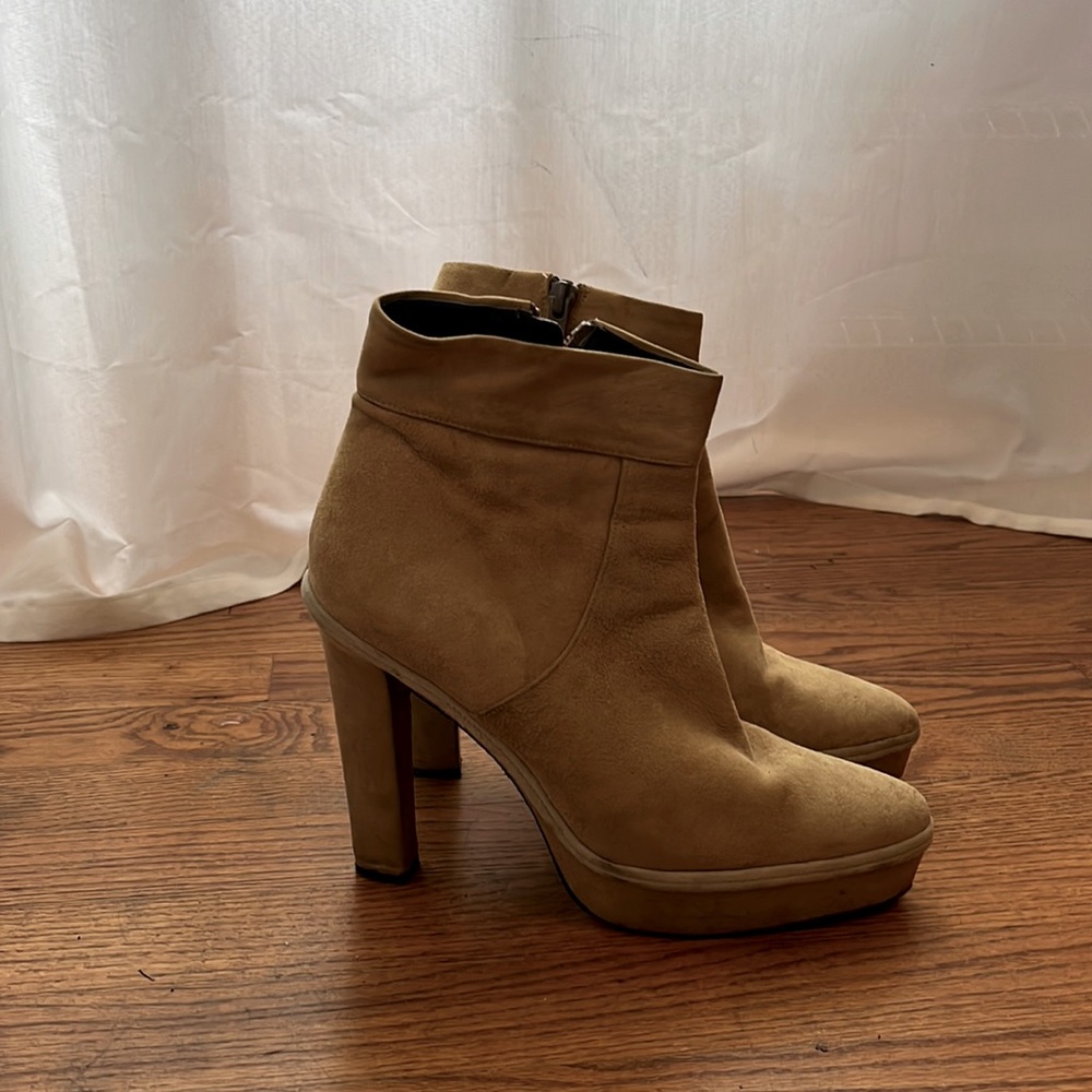 Cream suede ankle boots 4 1/2 heel.